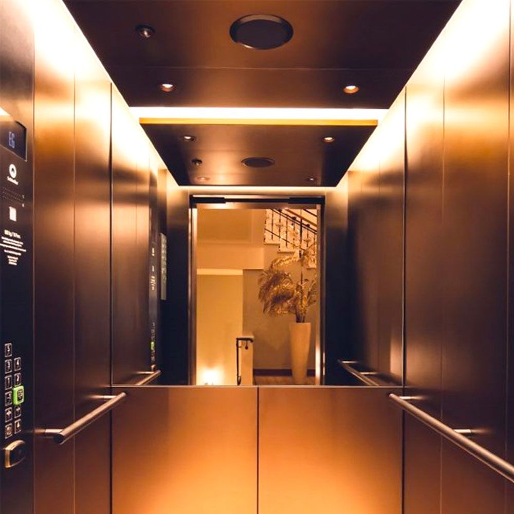 Cabine d’ascenseur avec revêtement mural en acier inoxydable couleur bronze et éclairage intégré au plafond